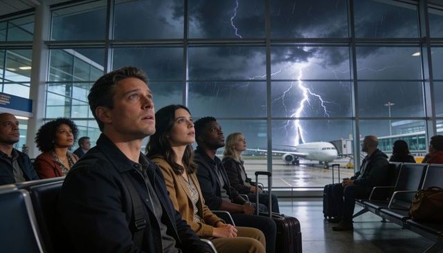 Passengers watching lightning at airport gate during severe storm causing flight delays
