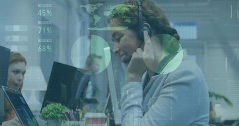 Businesswoman Using Phone Headset Analyzing Global Data in Office