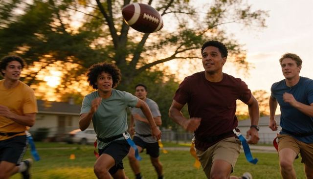 Sunset flag football sprint chasing thrown football by young men on neighborhood lawn