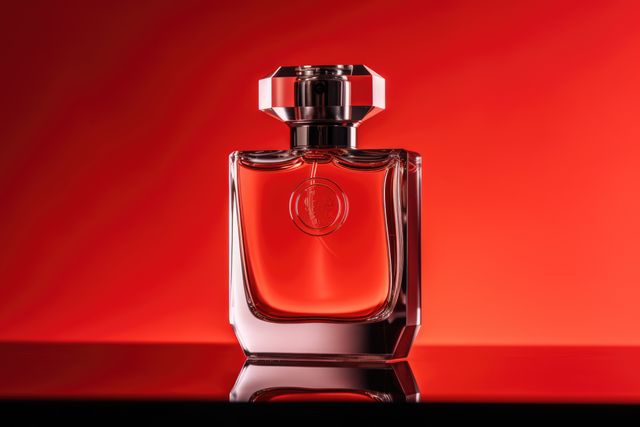 Elegant glass perfume bottle with an engraved logo on a vibrant red background. Ideal for use in high-end beauty product advertisements, fashion marketing campaigns, and luxury brand promotions. Perfect to showcase the sophistication and allure of exclusive fragrances.