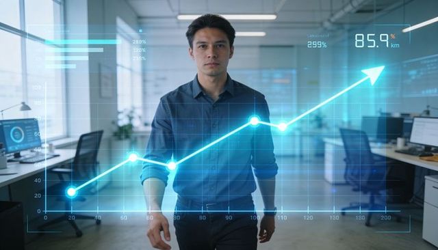 Business analyst walking through office visualizing holographic data chart showing growth