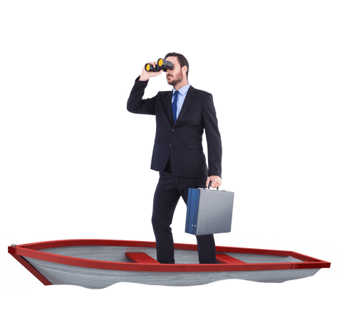 businessman on small boat holding briefcase and binoculars - Download Free Stock Videos Pikwizard.com