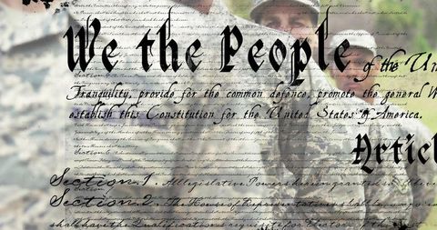 Soldiers standing in camouflage with constitution overlay symbolizing patriotism leadership