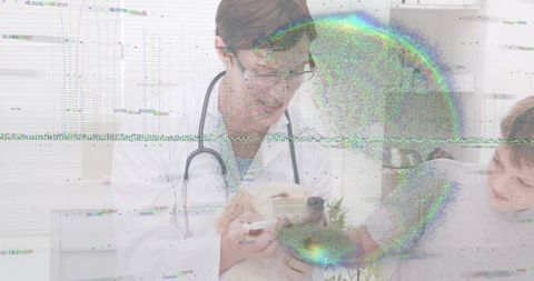 Veterinarian examining dog with child companion in clinic featuring digital glitch overlay