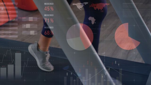 Fusion of digital analytics and fitness displays dynamic tracking in an exercise context. Great for illustrating the integration of technology with sports for web articles or marketing on health and technology advancements.