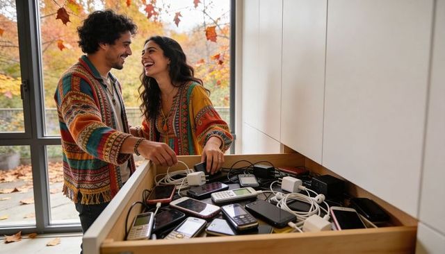 Couple laughing while organizing drawer of old phones and chargers in cozy autumn kitchen