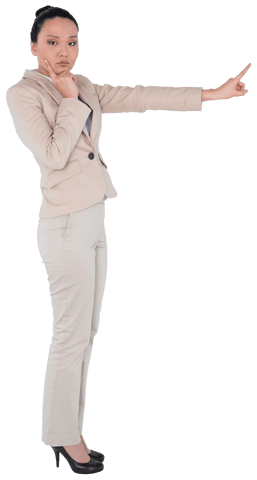 Serious Asian Businesswoman Pointing Fingers with Confidence on Transparent Background
