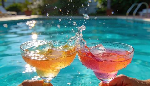 Clinking sunlit coupe cocktails splashing with ice and condensation by turquoise poolside
