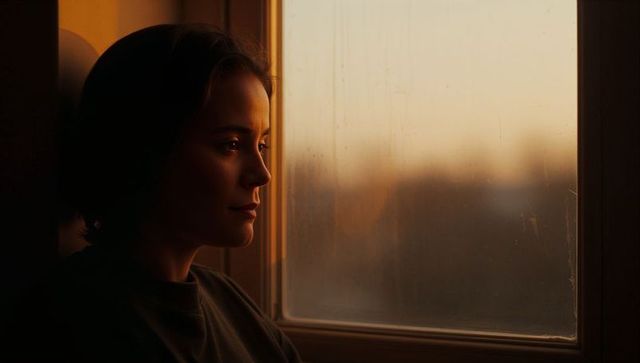 Woman gazing through smudged window into warm sunset glow, contemplative evening solitude