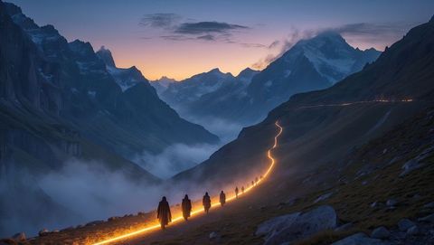 Travelers Following Glowing Trail Across Mountain Range at Dusk