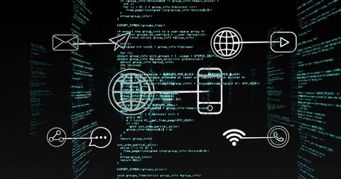 Digital communication icons over scrolling computer code