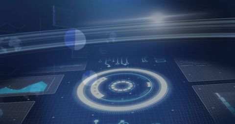 Futuristic holographic dashboard displaying circular HUD and data visualization panels