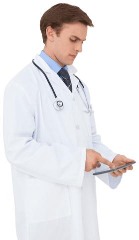 Transparent image of male doctor using digital tablet