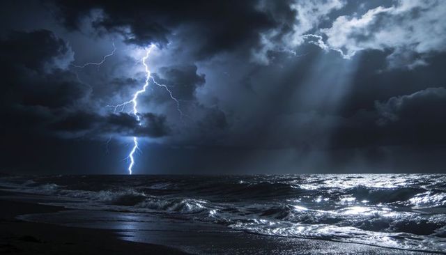 Jagged lightning bolt illuminating stormy night sea with choppy waves and reflective sand
