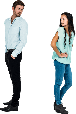 Sad couple standing back to back transparent