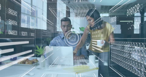 Business Team Analyzing Data with Futuristic Technology Overlay