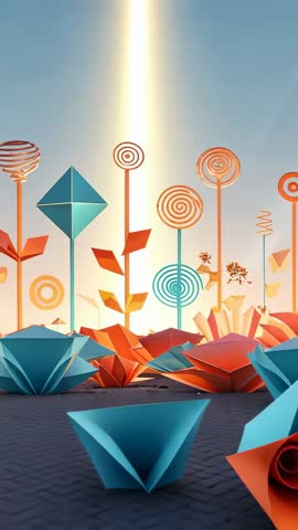 Origami bowls and geometric flowers unfolding in futuristic vertical motion animation