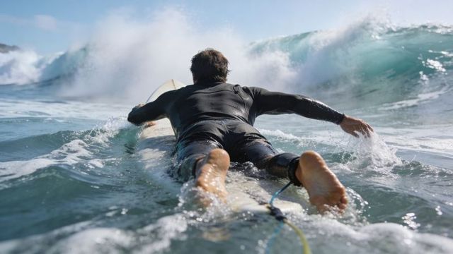 Male surfer paddling on longboard wearing full wetsuit toward breaking wave, ocean action