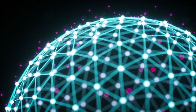 Rotating neon network sphere with glowing nodes and holographic mesh for tech concepts