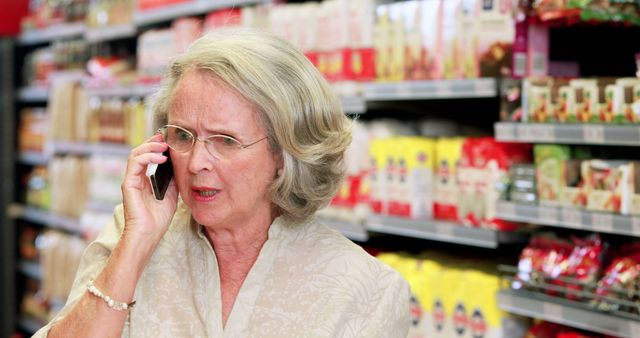 An elderly woman with silver hair makes a worried phone call in a grocery store aisle, surrounded by various packaged goods. This image can be used for themes related to communication, senior lifestyle, technology adaptation among older adults, concerns or emergencies, shopping, and everyday life situations.