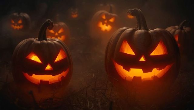 Glowing Jack-o'-Lanterns in Fog Creating Eerie Evening Atmosphere