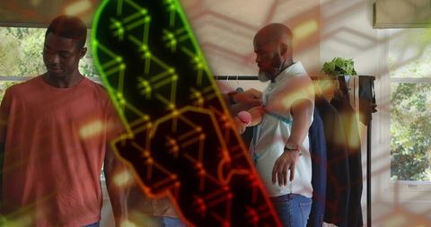 Tailor adjusting shirt on mature man, boutique fitting with neon circuit overlay