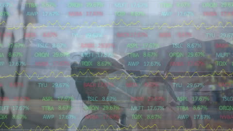 Dynamic Visualization of Real-time Financial Data Over Mixed-Race Woman Wearing Mask