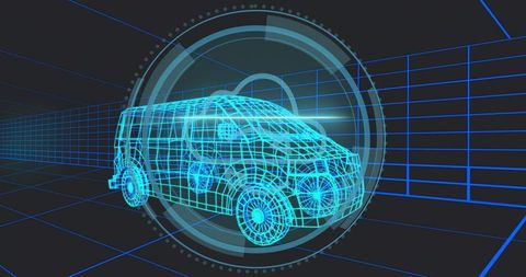 Futuristic Wireframe Passenger Van 3D HUD Simulation Neon Grid Technology Visualization