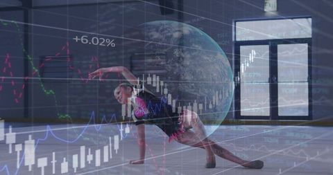 Preteen gymnast balancing one-handed floor pose with globe and financial data overlay