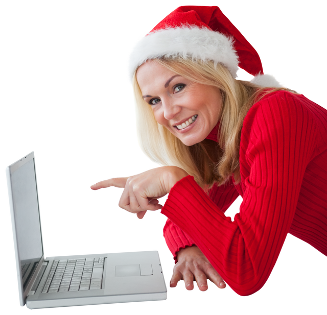 Smiling Woman in Santa Hat Using Laptop, Transparent Background - Download Free Stock Videos Pikwizard.com