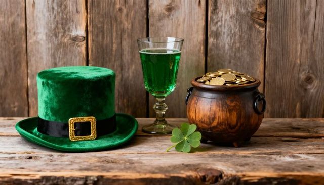 St patrick celebration still life featuring green velvet leprechaun hat, pot of gold