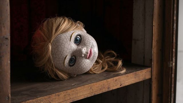 Cracked porcelain doll head resting on dusty wooden shelf with blonde wig