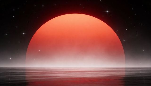 Giant red sun rising over calm ocean with starry night reflections and minimalist horizon