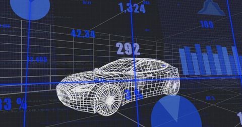 Wireframe Sedan Rotating on 3D Grid with Blue Data Overlays and Analytics Visualization