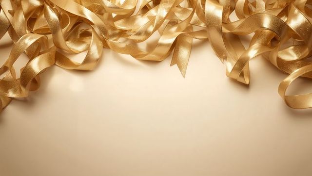 Cascading metallic gold ribbons creating festive top-edge border on warm beige background