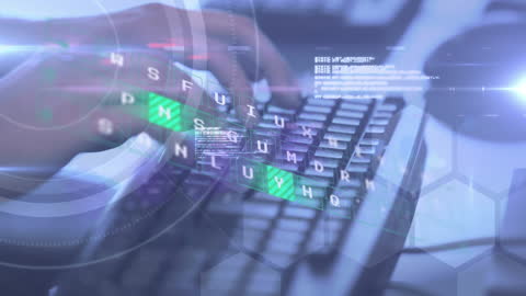 Caucasian Man Typing with Digital Network Graphics Overlay