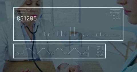 Clinician checking patient pulse with stethoscope in digital health monitoring interface