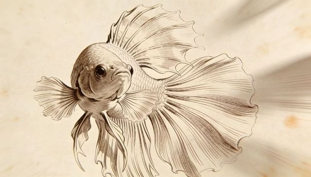 Betta fish unfurling ornate flowing fins on sepia parchment sketch in vintage ink
