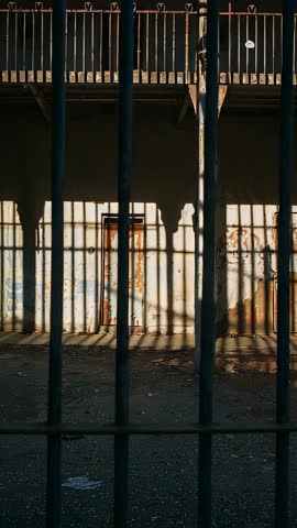 Sunlight Casting Bar Shadows Across Abandoned Industrial Hall with Rusted Peeling Door