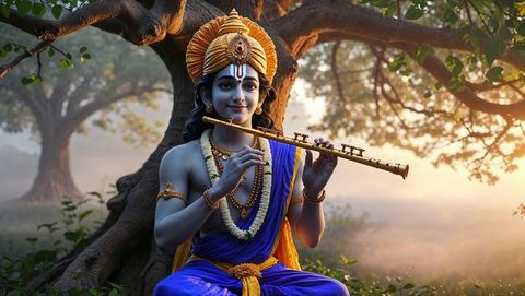 Serene deity in forest, playing flute in spiritual tranquility