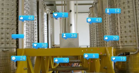 Social Media Icons Overlaying Industrial Refinery Tanks