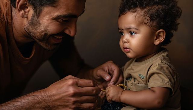 Smiling father guiding toddler with braided string closeup warm bonding moment