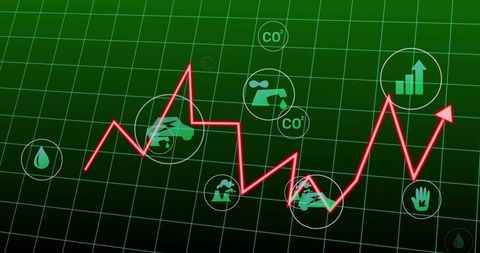 Red trend line charting emissions and water metrics on green grid dashboard with icons