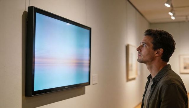 Man observing abstract digital art on wall-mounted monitor in contemporary gallery space
