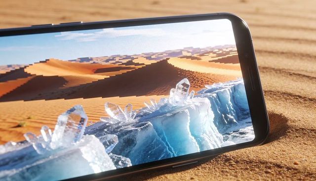 Smartphone displaying surreal desert dunes meeting glacial ice crystals on sunlit sand