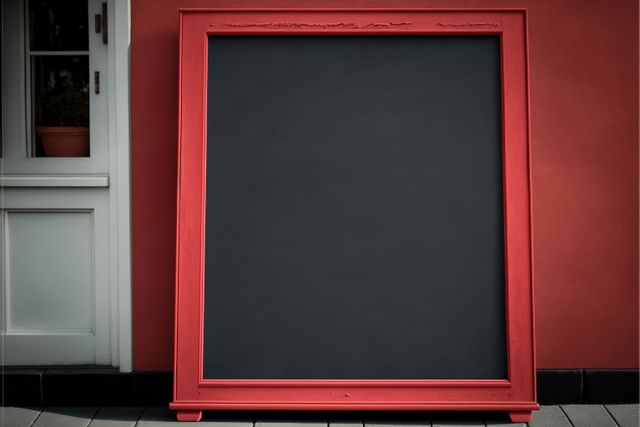 Blank chalkboard with red frame standing outside of a cafe, perfect for adding daily specials or promotional messages. Useful for marketing and advertising materials, restaurant menus, and announcements.