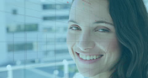 Smiling Businesswoman with Data Overlay and Futuristic Elements