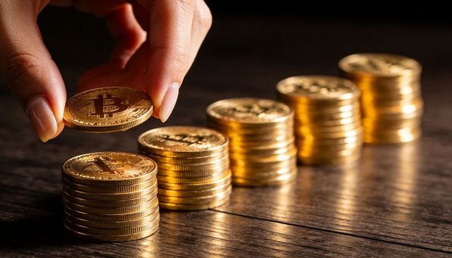 Hand stacking gold bitcoin coins on wooden surface showing cryptocurrency investment growth