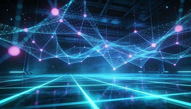 Hovering holographic network mesh undulating above neon cyan grid floor with magenta nodes