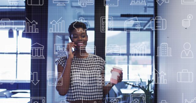 Businesswoman holding coffee, discussing on phone with financial icons overlay on background. Suited for illustrating business communication, modern technology integration, fintech applications, and dynamic professional environments.